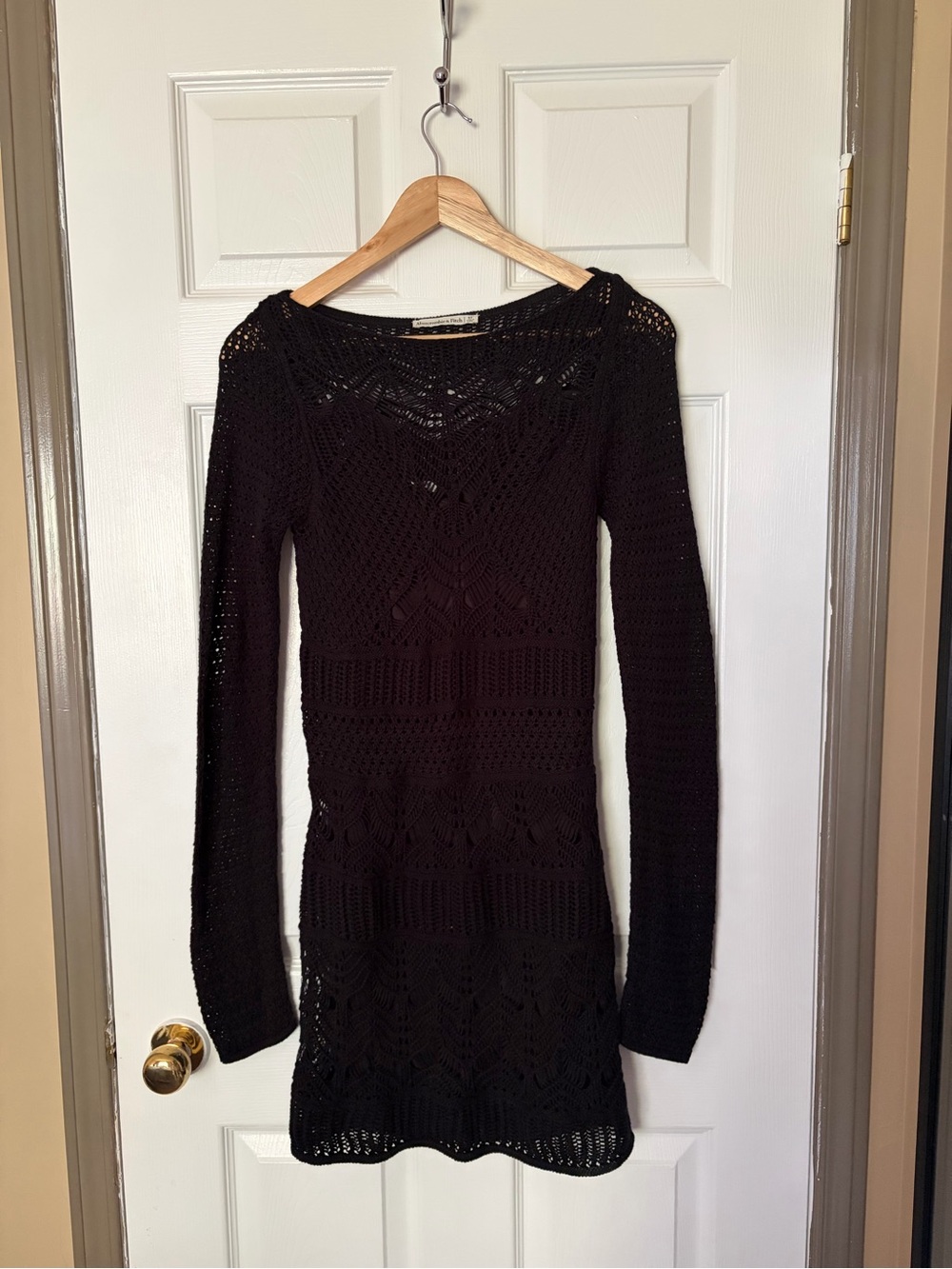 Abercrombie & Fitch Black Crochet Long-Sleeve Knit Dress